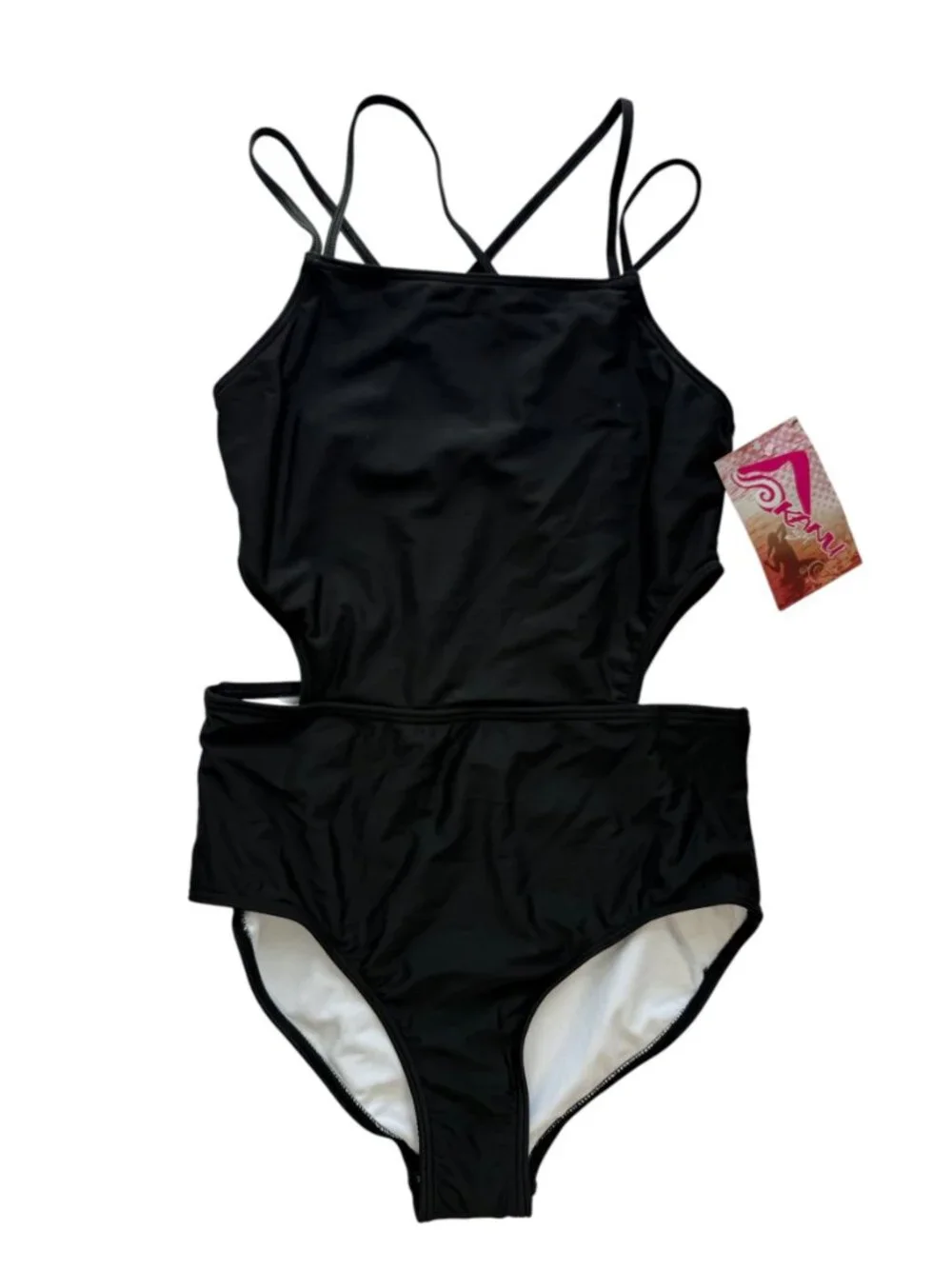 New NWT KANU SURF Swimsuit Size Girl's 14 (Large). Black. Cut Out. Style 9584.